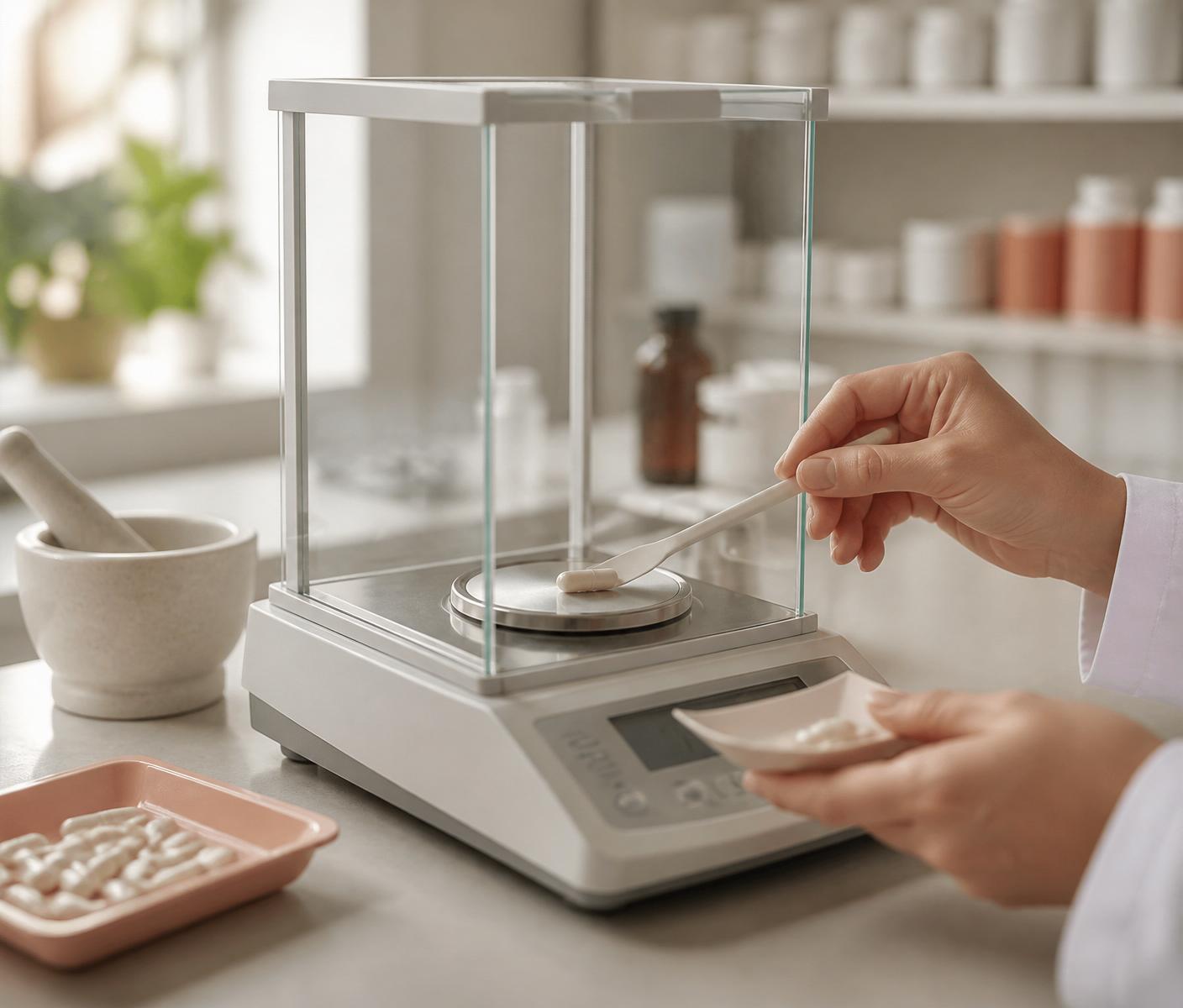 Licensed pharmacist weighing compounded thyroid capsules on a precision balance at Thornhill's Pharmacy