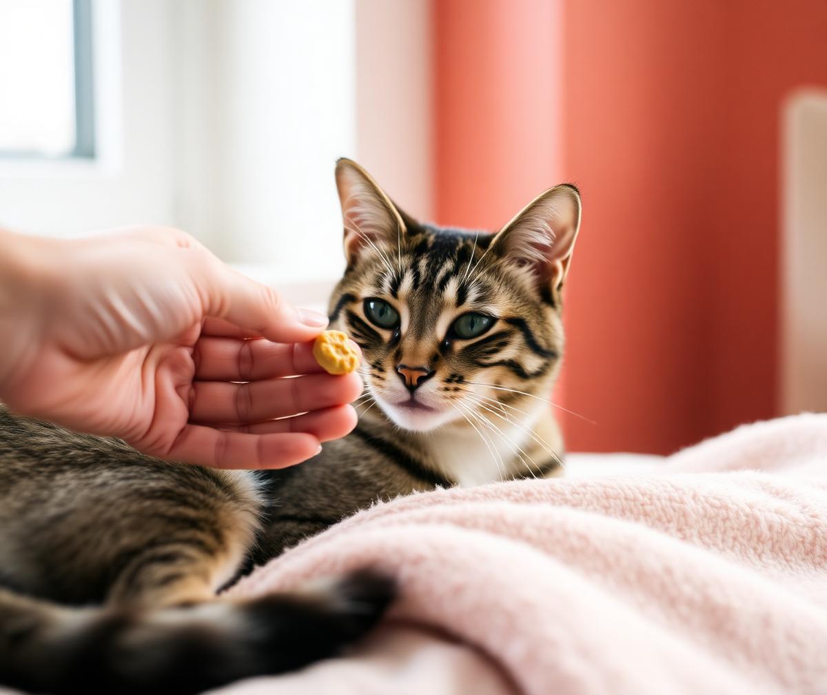 A caregiver's hand offering a flavored chewable treat to a calm cat on a soft blanket