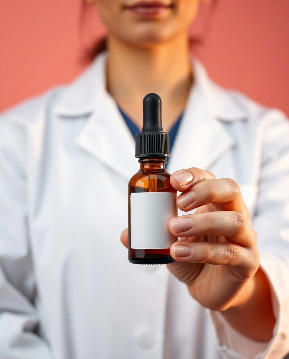 Thornhill's Pharmacy licensed pharmacist holding a compounded pet medication dropper bottle