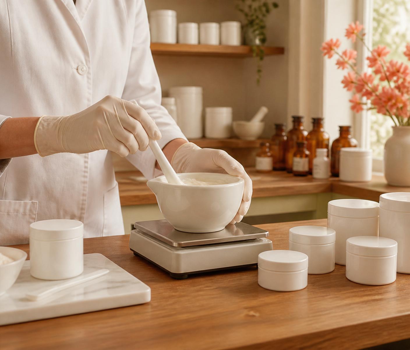 Licensed pharmacist preparing a compounded bioidentical hormone formula at Thornhill's Pharmacy