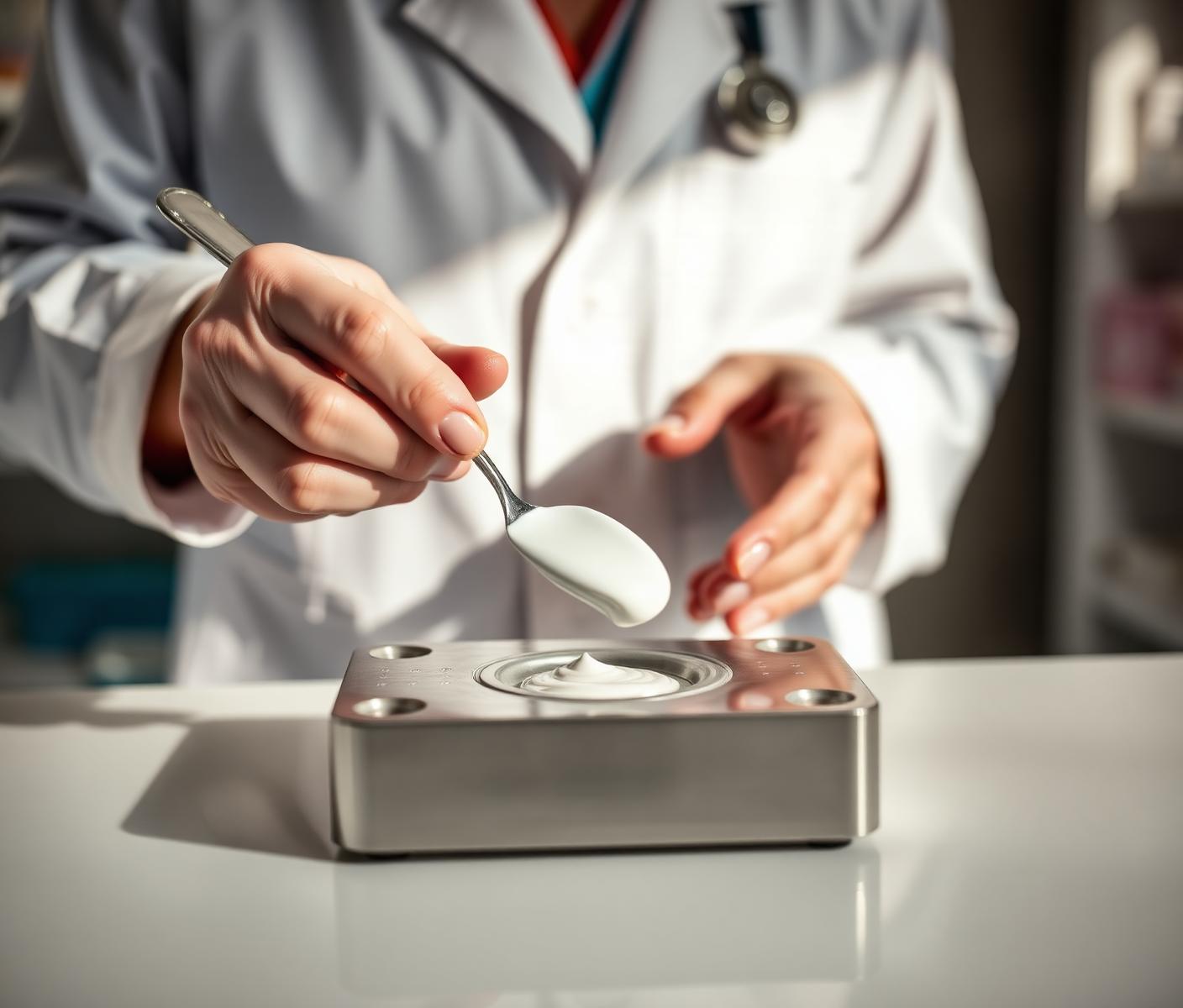 Licensed pharmacist's hands preparing a compounded topical pain cream on a stainless ointment slab at Thornhill's Pharmacy