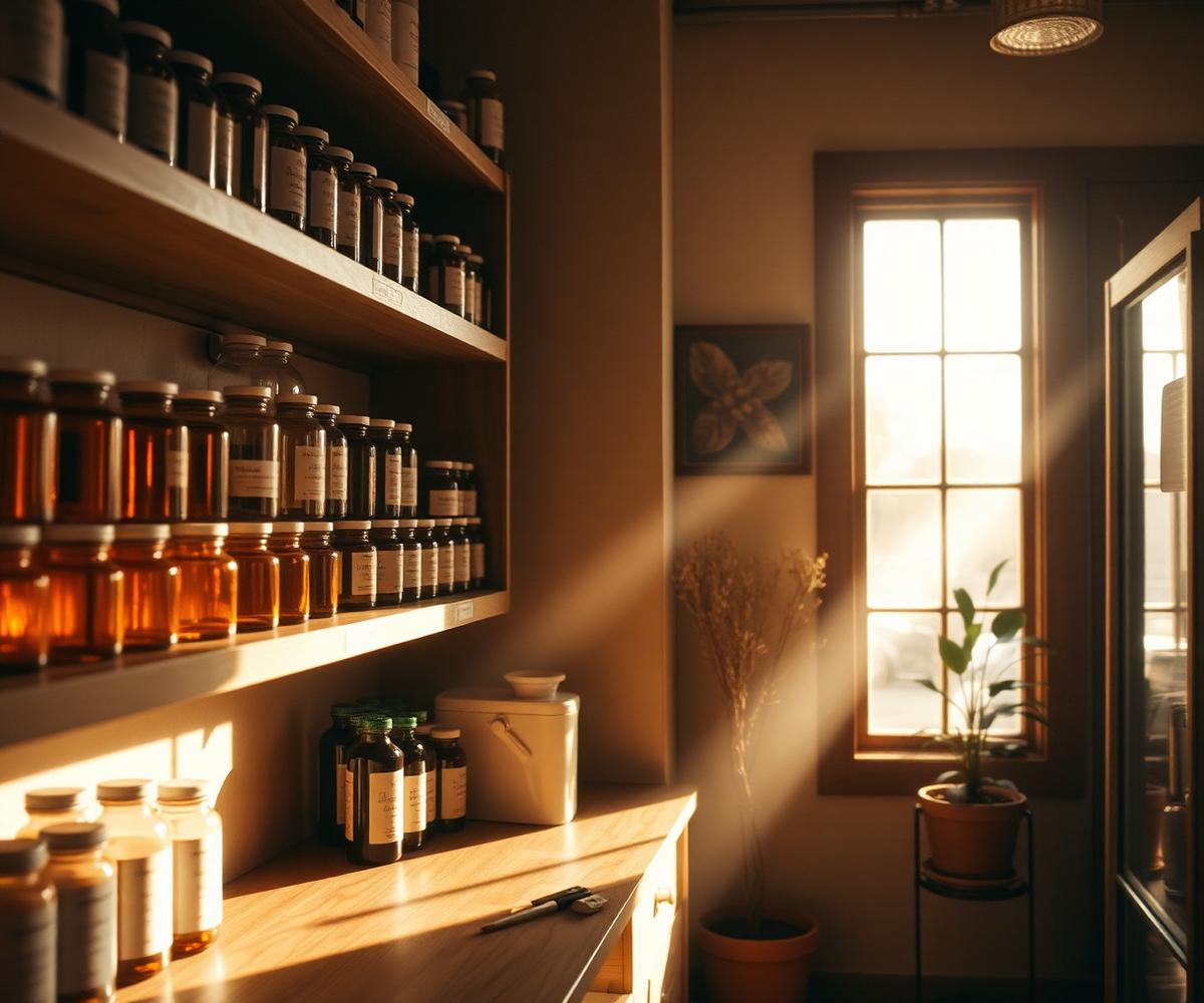 Warm interior of Thornhill's Pharmacy: apothecary shelves lit by afternoon window light
