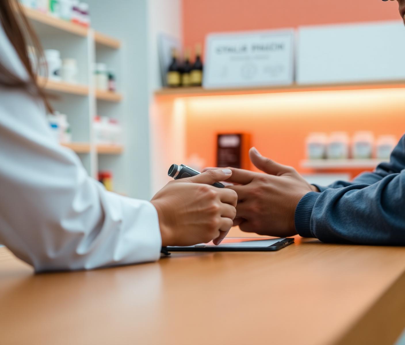 Pharmacist and patient discussing a personalized medical weight-loss plan at Thornhill's Pharmacy in Lubbock