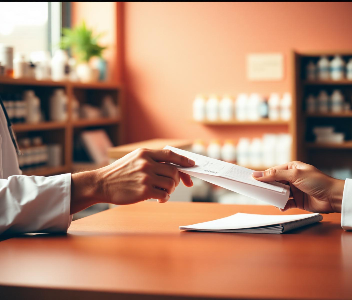 Pharmacist handing a prescription across a consultation counter to a referring provider at Thornhill's Pharmacy in Lubbock